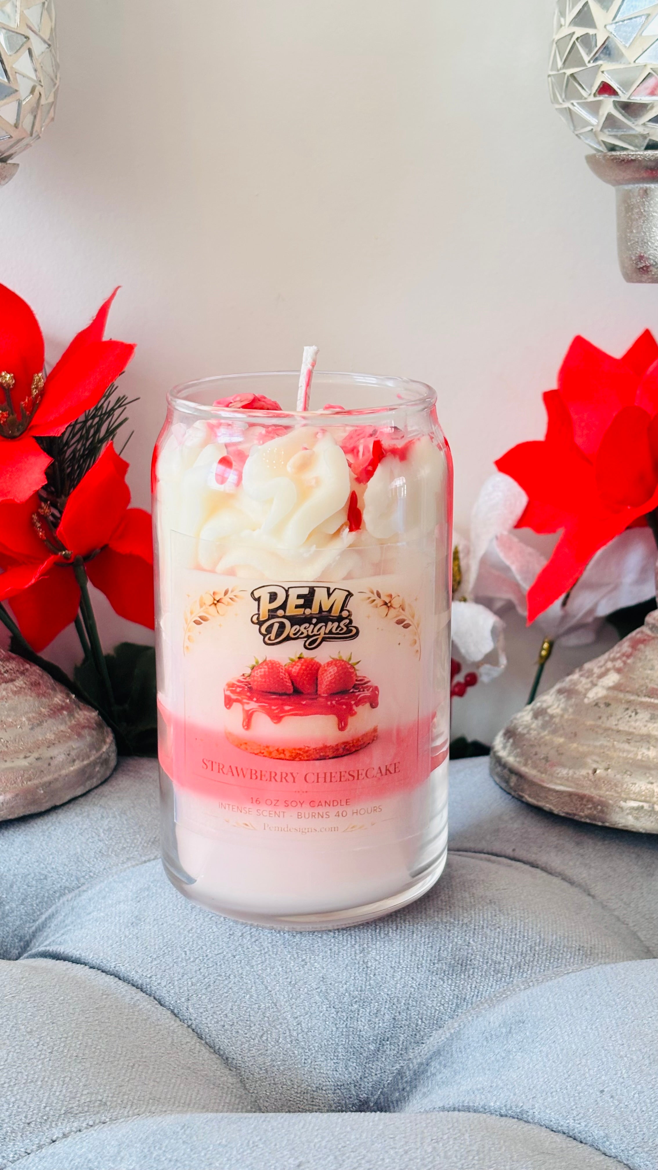 Strawberry Cheesecake Dessert Candle 16oz Soy Intense Scent Burns 40 Hours Food Scented PEM Designs