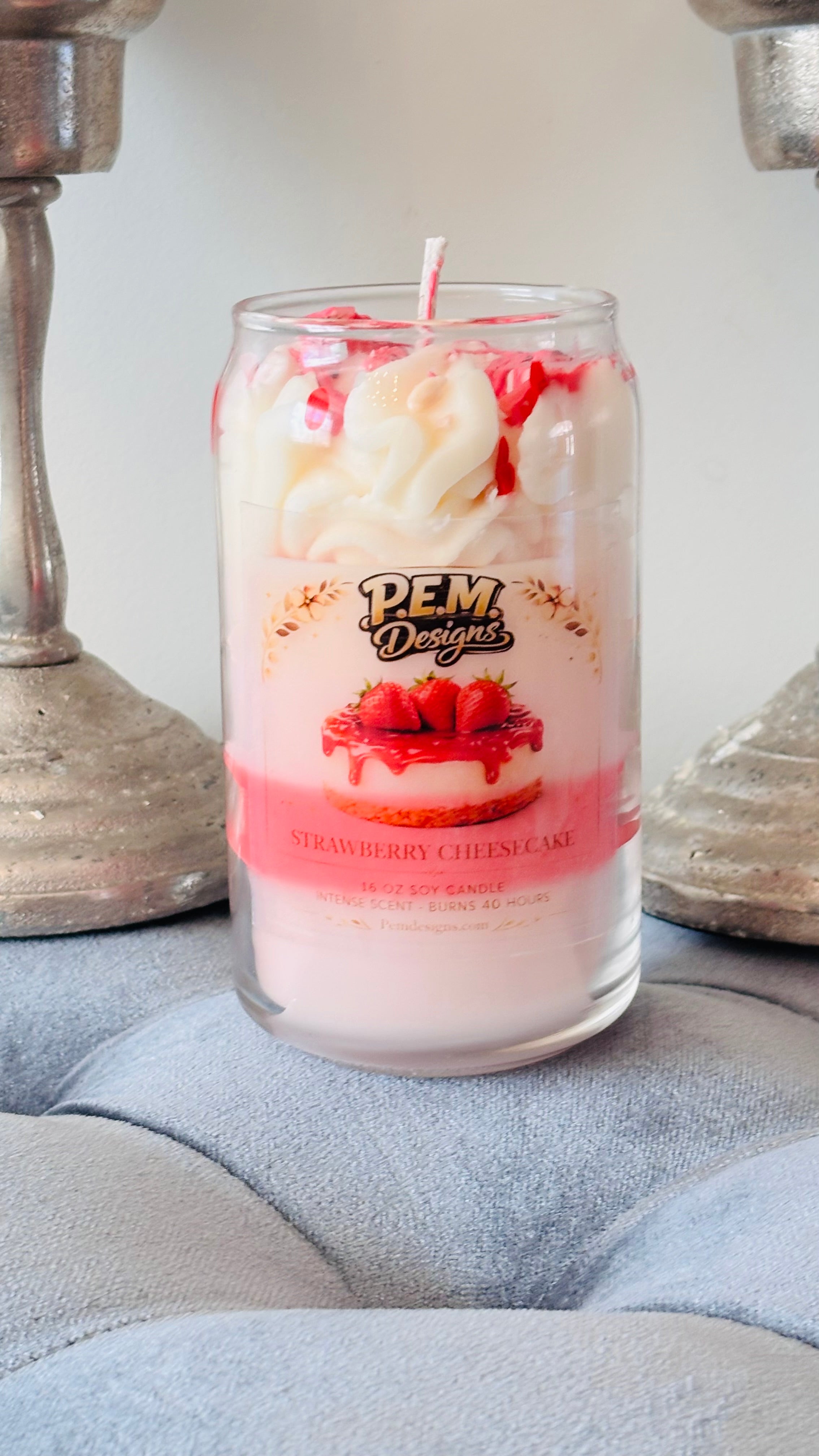 Strawberry Cheesecake Dessert Candle 16oz Soy Intense Scent Burns 40 Hours Food Scented PEM Designs