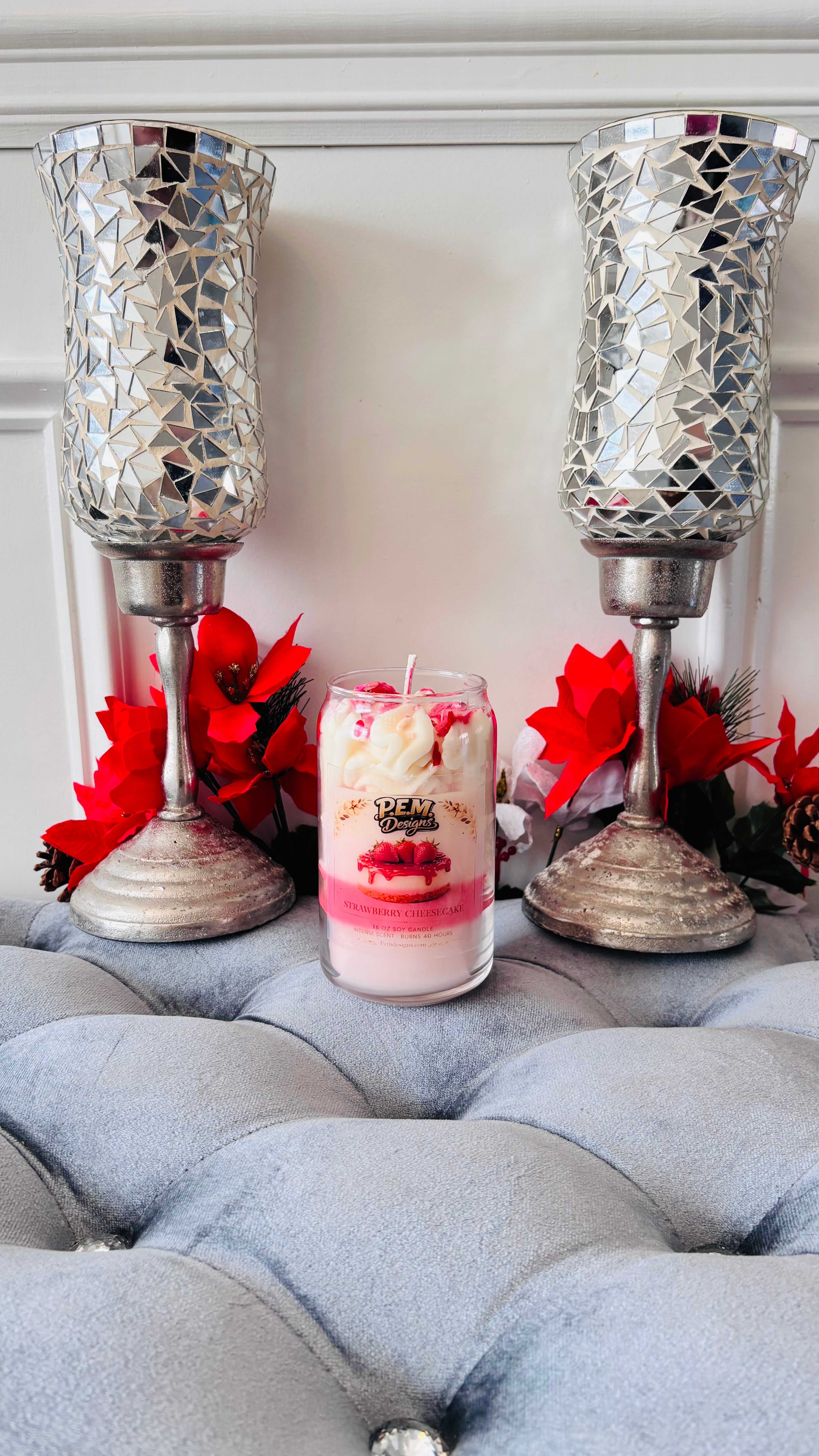 Strawberry Cheesecake Dessert Candle 16oz Soy Intense Scent Burns 40 Hours Food Scented PEM Designs