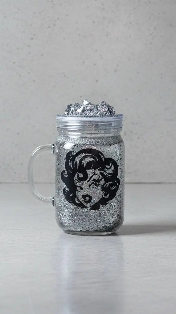 Silver glittery plastic mason jar mug with decorative lid on a light gray background marilyn moroe face 